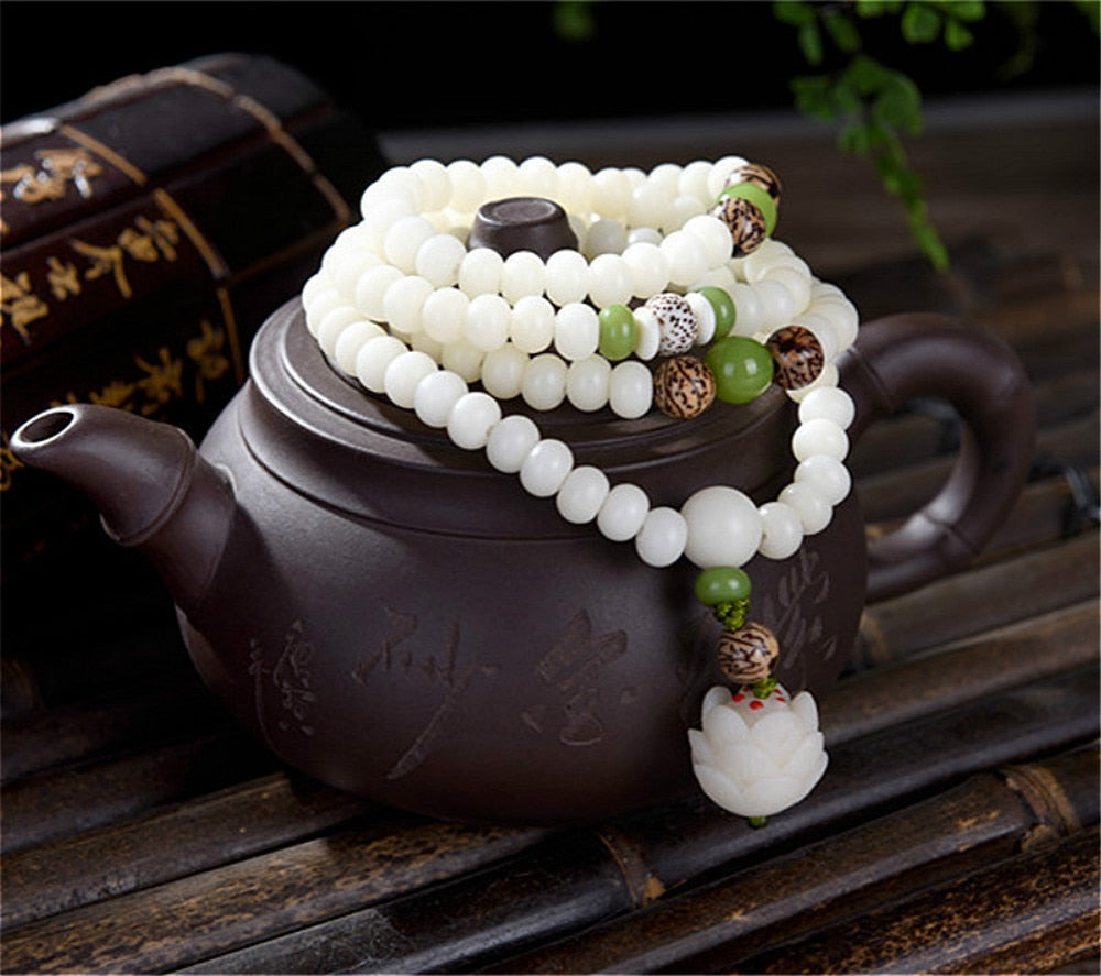 Original Design Natural White Bodhi Root Beads Bracelet Lotus 108 Lotus Mala Healing Prayer Bracelet for Women Jewelry Gift